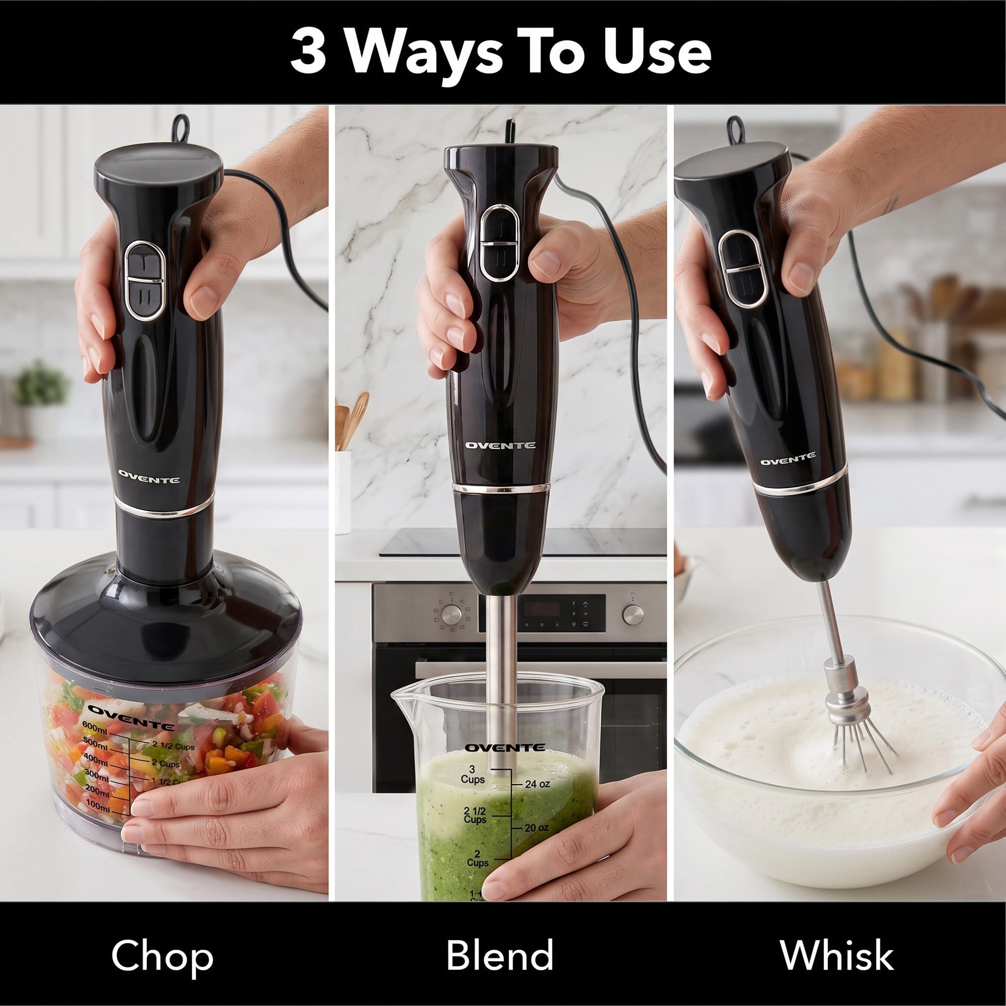 OVENTE stainless-steel whisk in motion showing fast aeration benefit