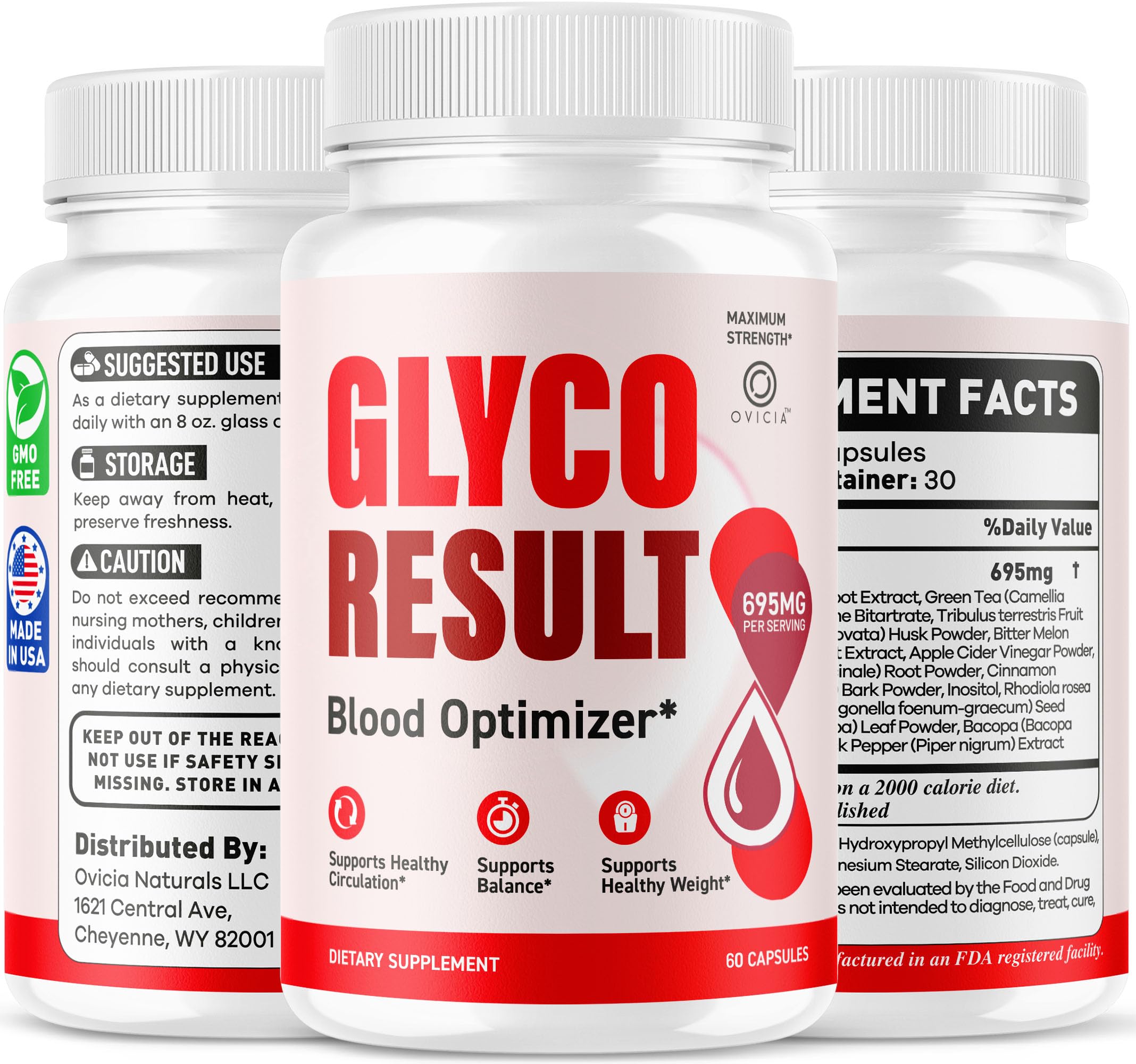 OVICIA Glyco Result embalaje con sello GMP mostrando control de calidad