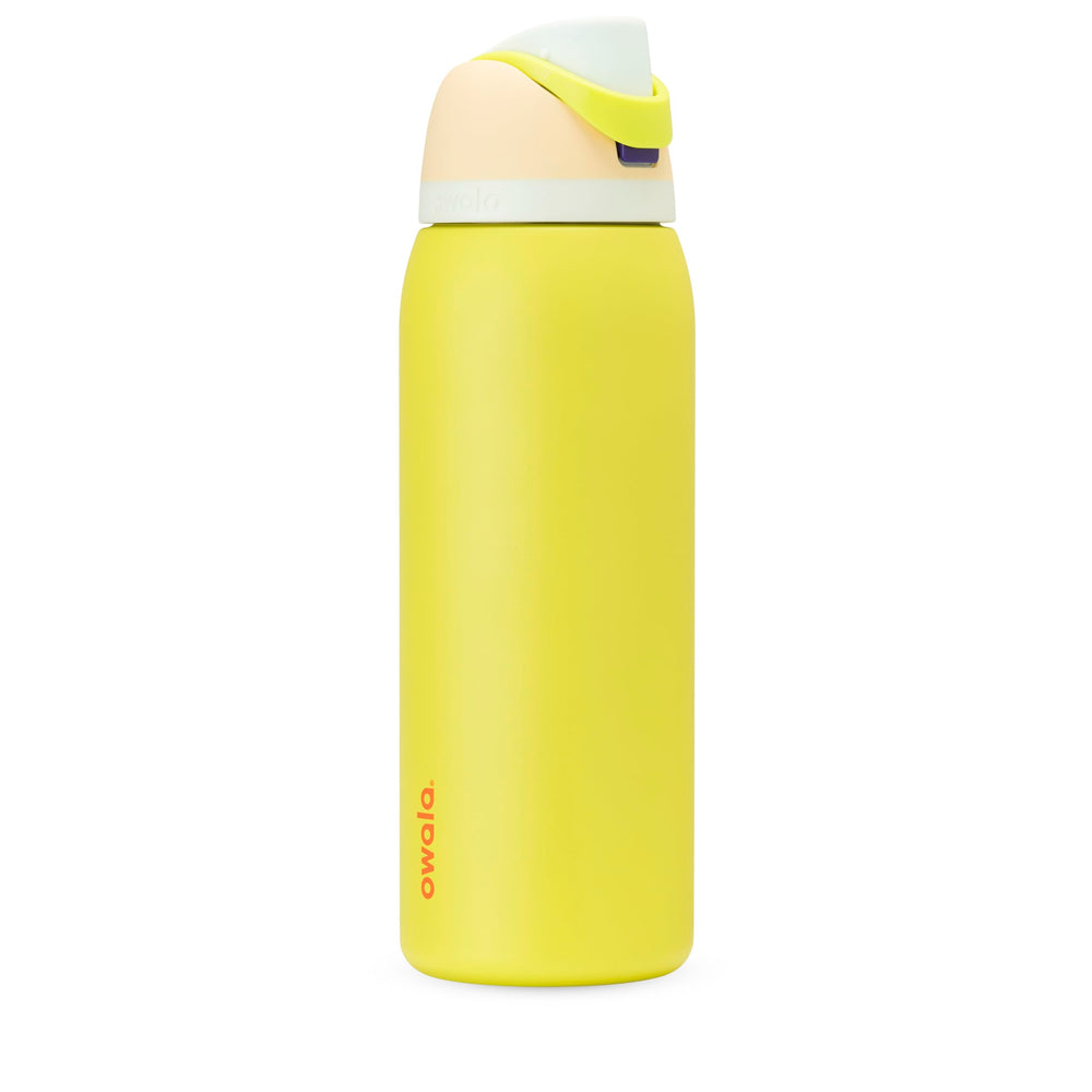 Owala FreeSip lemon front view showing 40oz capacity and vibrant color benefit