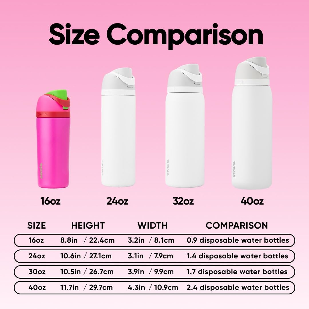 Owala size comparison next to backpack showing compact 16 oz portability