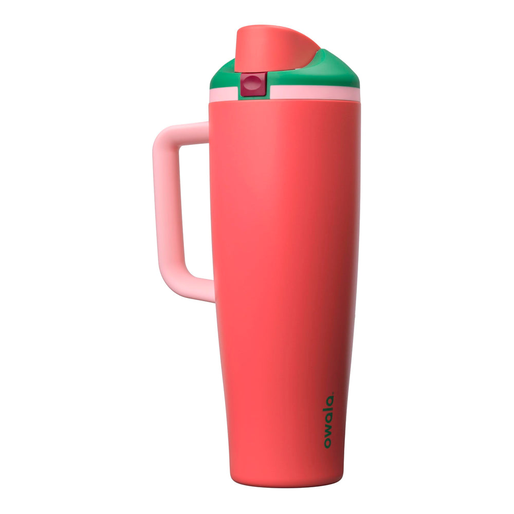 Owala FreeSip frontal Strawberry Fields mostrando capacidad y color