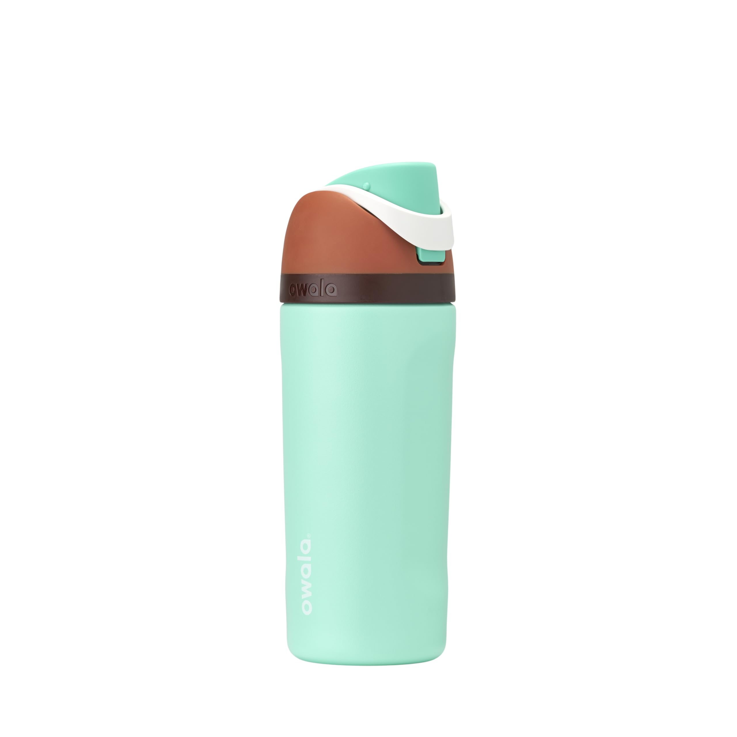 Owala FreeSip front view showing mint chocolate finish and child-friendly design benefit