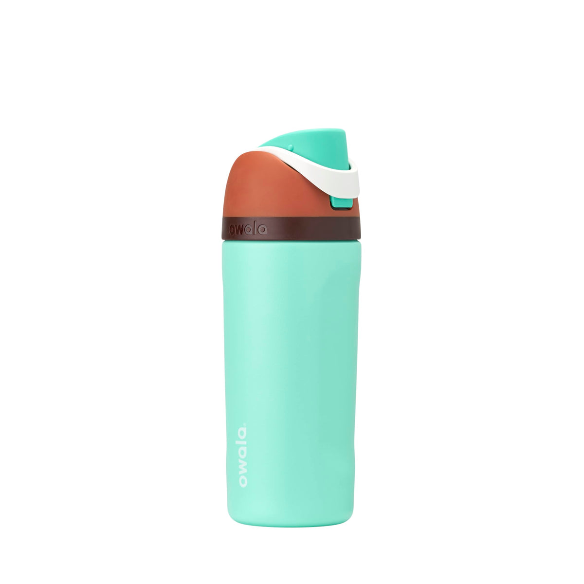 Owala FreeSip front view showing mint chocolate finish and child-friendly design benefit