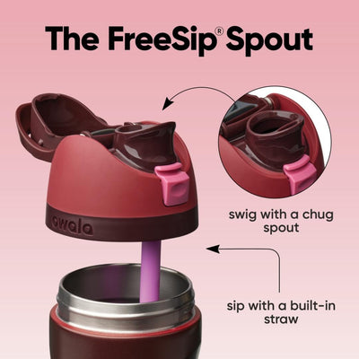 Owala FreeSip lid close-up highlighting locking push-button for secure transport