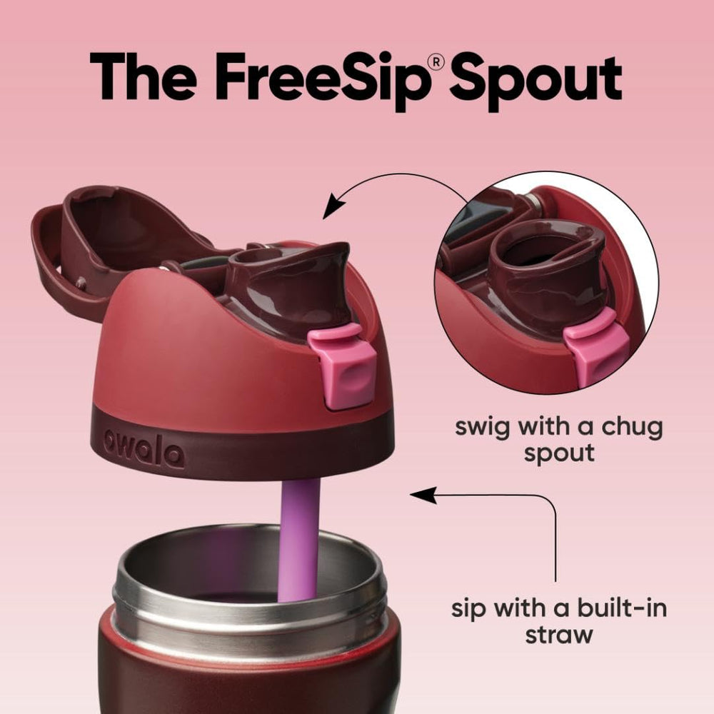 Owala FreeSip lid close-up highlighting locking push-button for secure transport