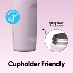 Owala FreeSip Lilac seated in car cup holder illustrating travel-friendly design
