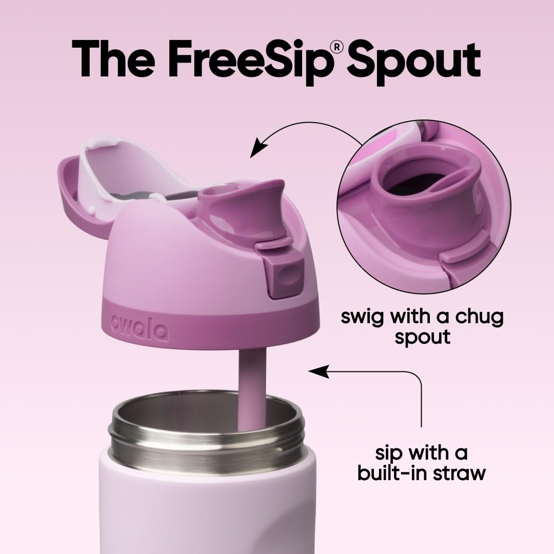 Owala FreeSip Lilac close-up of push-button lid and lock showing clean spout protection
