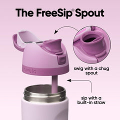 Owala FreeSip Lilac close-up of push-button lid and lock showing clean spout protection