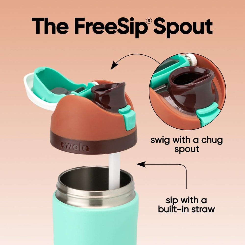 Owala FreeSip wide-mouth detail highlighting easy cleaning and ice addition benefit