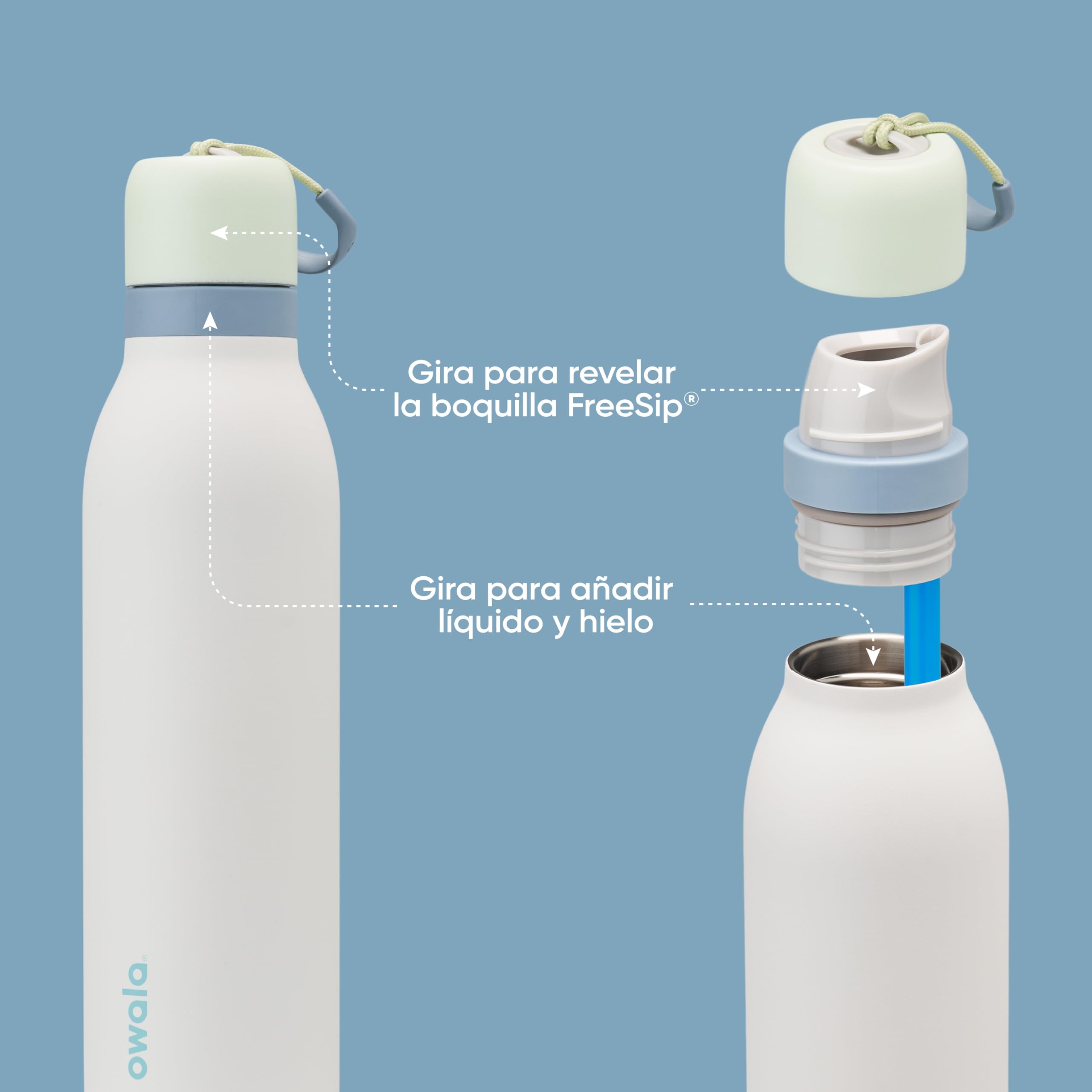 Owala FreeSip Twist detalle del acero inoxidable que conserva temperaturas