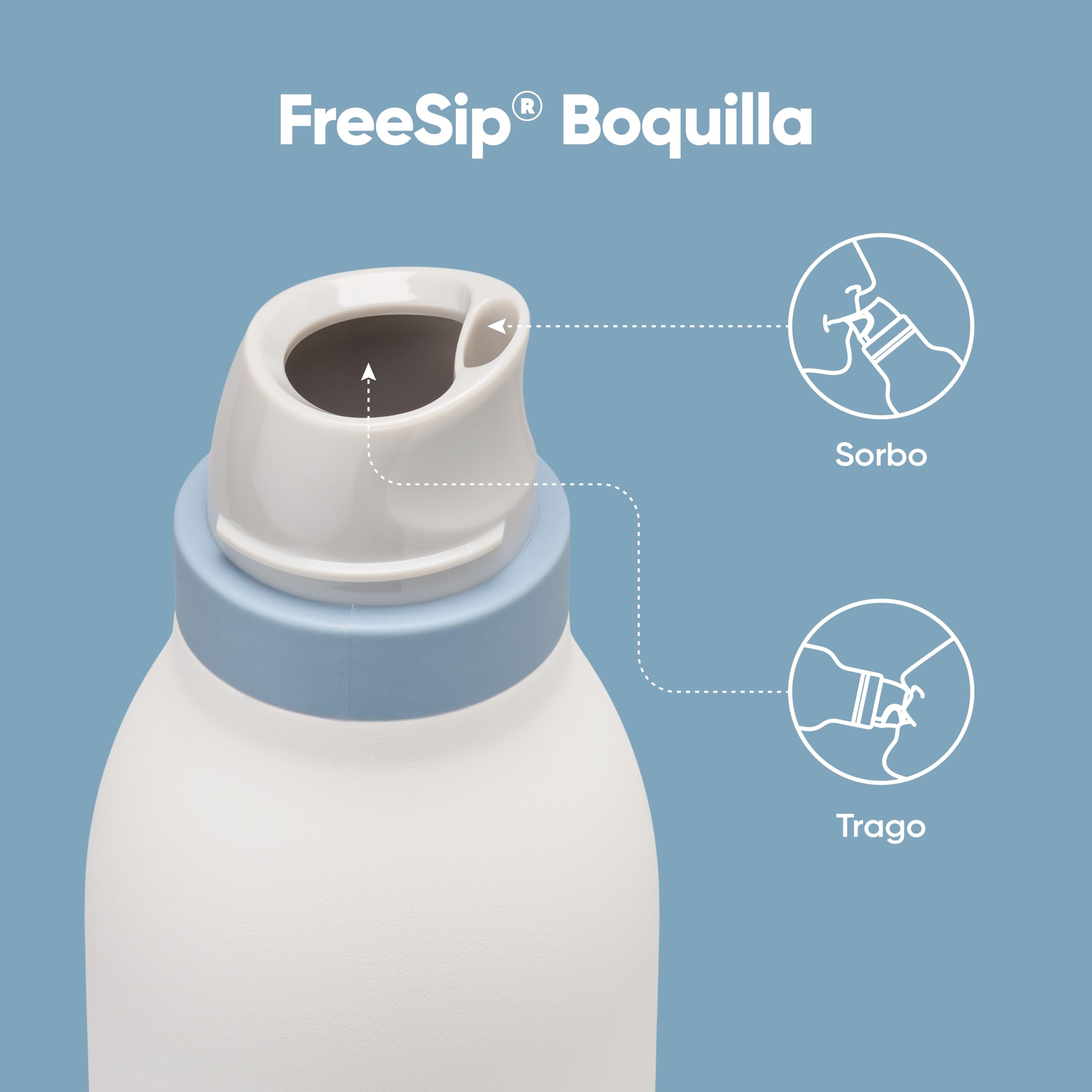 Owala FreeSip Twist en mano ilustrando transporte cómodo con asa