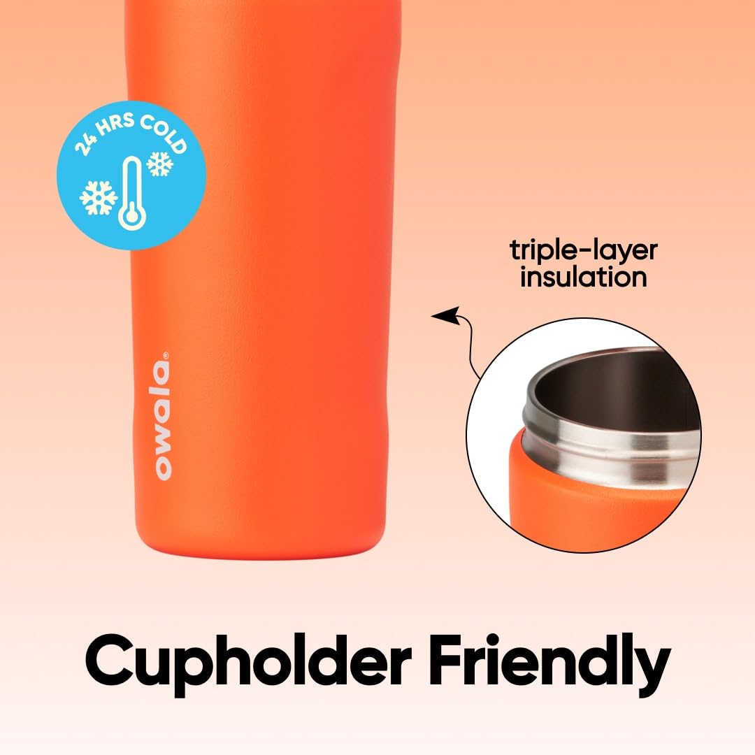 Owala FreeSip bottle clipped to backpack with locked carry loop for secure travel