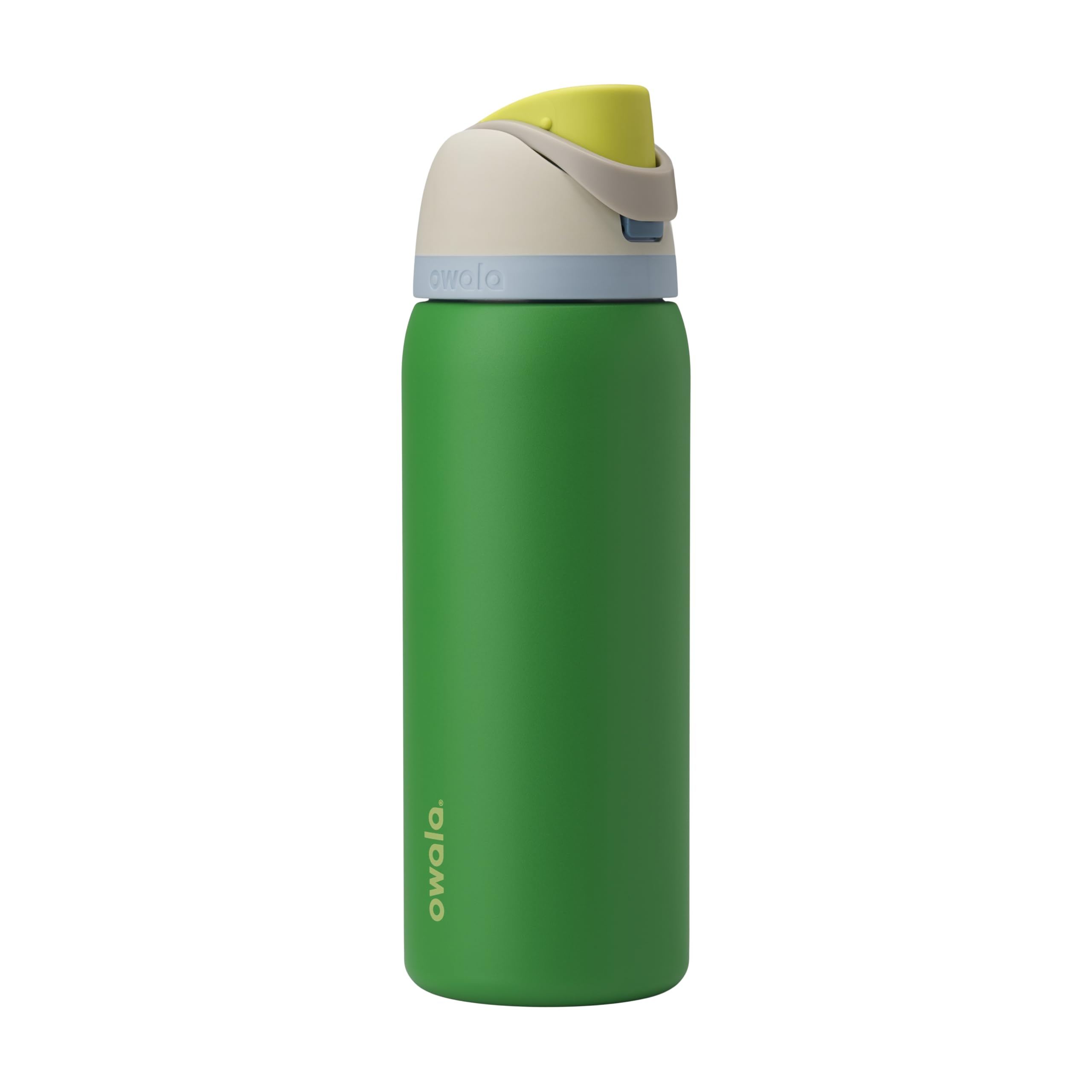 Owala FreeSip front view showing bottle shape and putting green color benefit easy grip