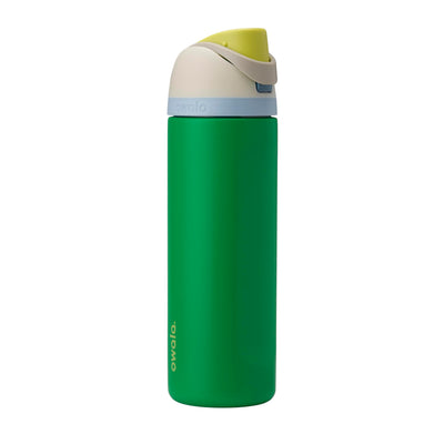 Owala FreeSip front view showing 24 oz bottle and playful putting green color, highlights portability