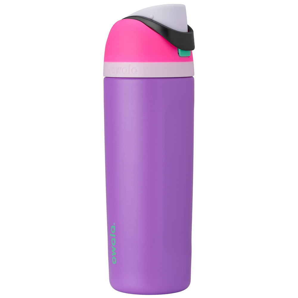 Owala FreeSip front view showing lid and playful pink purple finish for easy carry