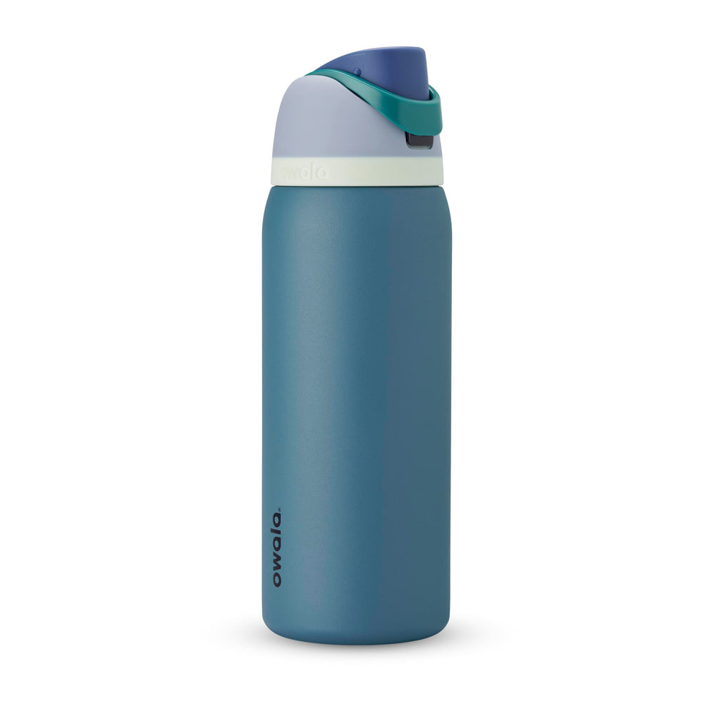 Owala FreeSip denim bottle front view showing design and capacity, keeps drinks cold