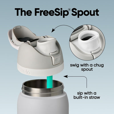 Owala FreeSip denim lid close-up showing push-button and lock for spill prevention