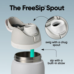 Owala FreeSip denim lid close-up showing push-button and lock for spill prevention