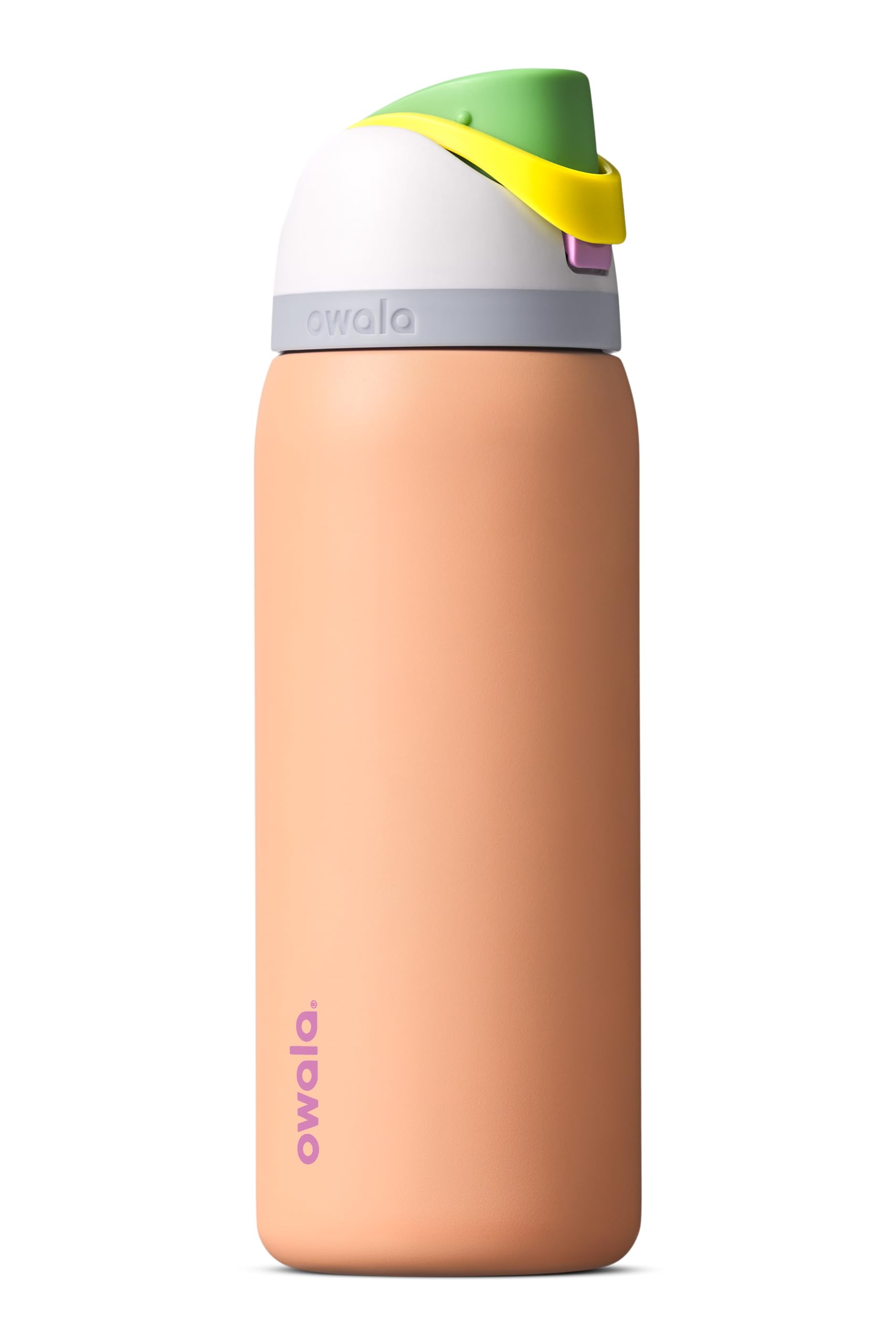 Owala FreeSip vista frontal botella Peachy Keen, diseño atractivo y funcional
