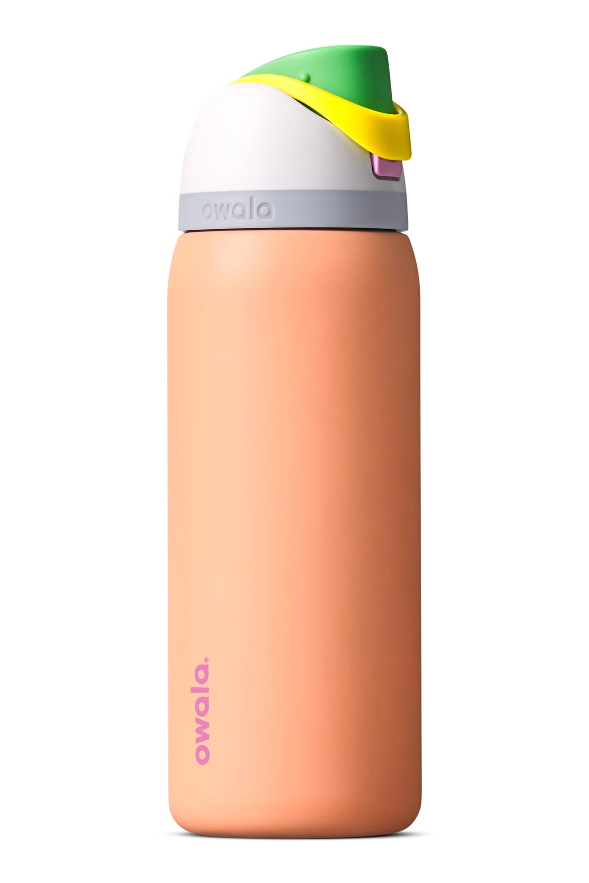 Owala FreeSip vista frontal botella Peachy Keen, diseño atractivo y funcional