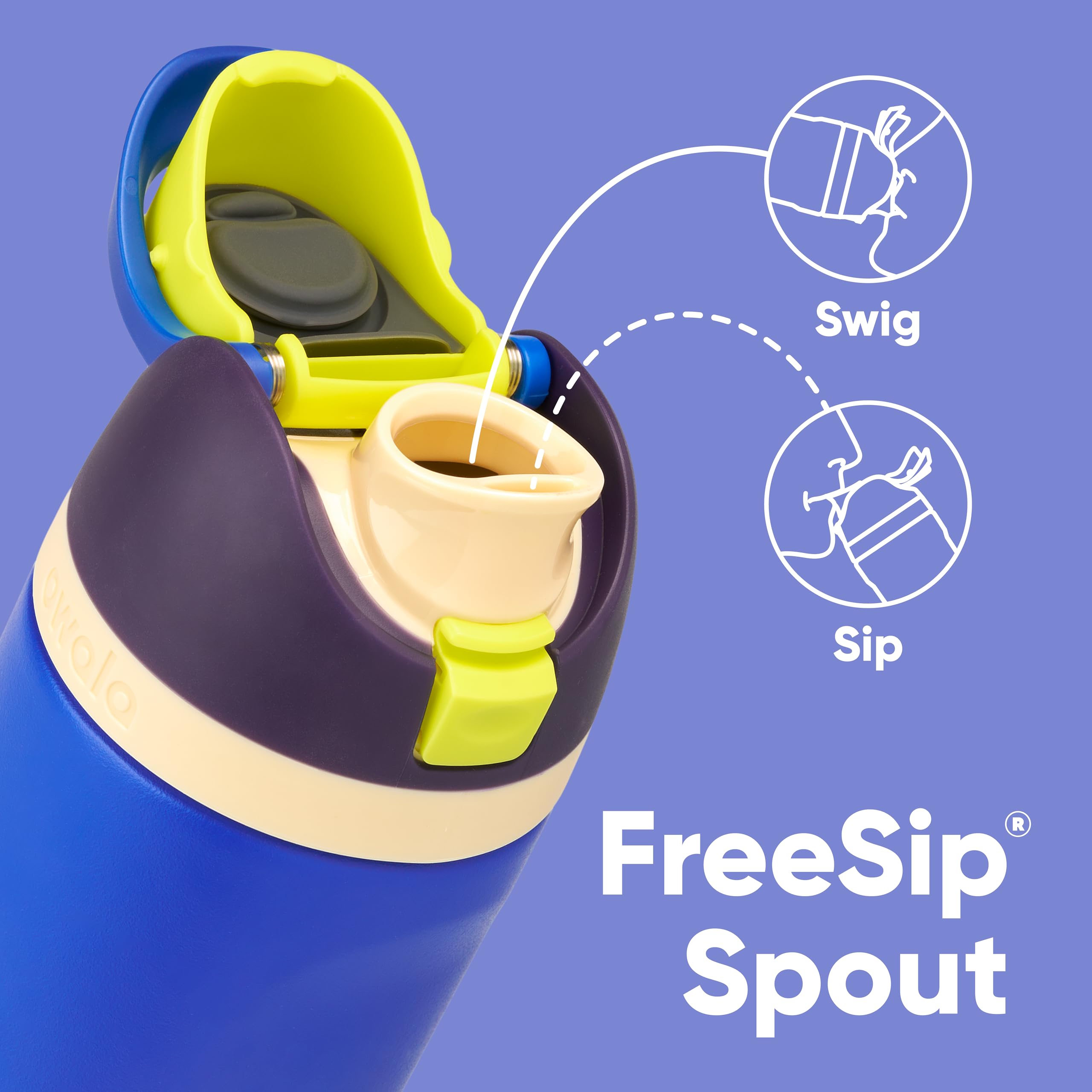Owala lid close-up with locking push-button for spill prevention benefit