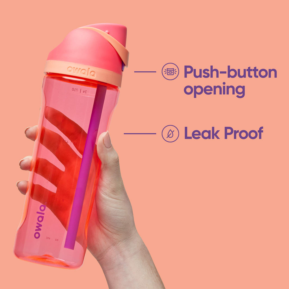 Owala FreeSip lid detail with carry-loop lock engaged to prevent accidental openings