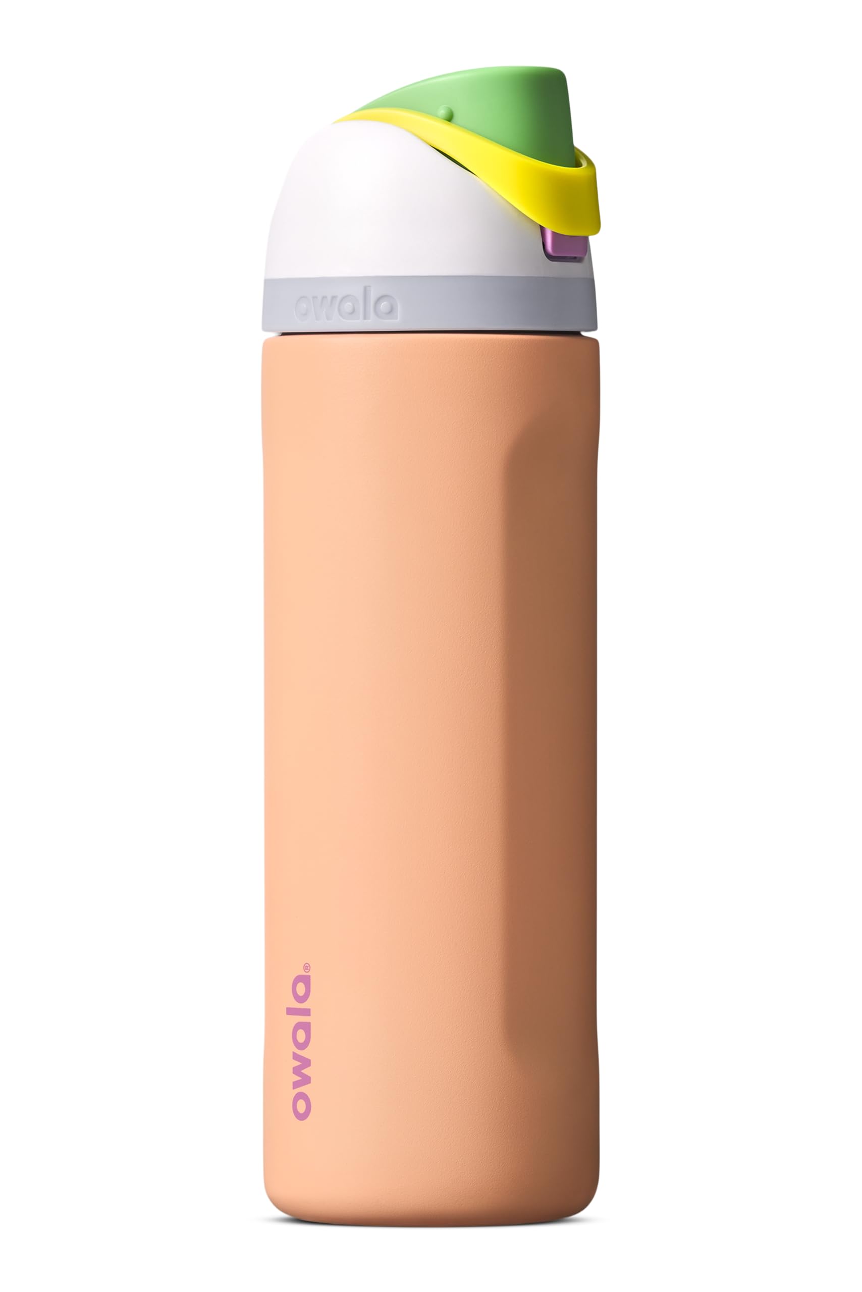 Owala FreeSip Peachy Keen vista frontal con acabado colorido y portavasos