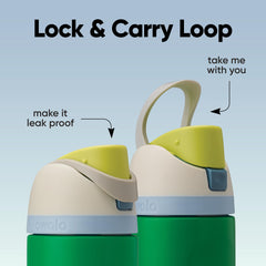 Owala FreeSip push-button lid detail showing lock mechanism for spill prevention and hygiene