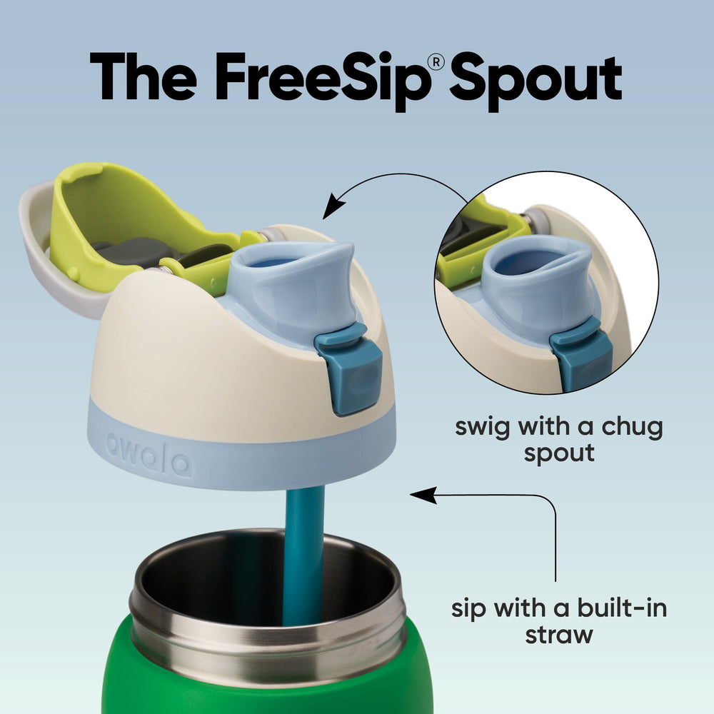 Owala FreeSip lid detail highlighting push-button lock for spill prevention
