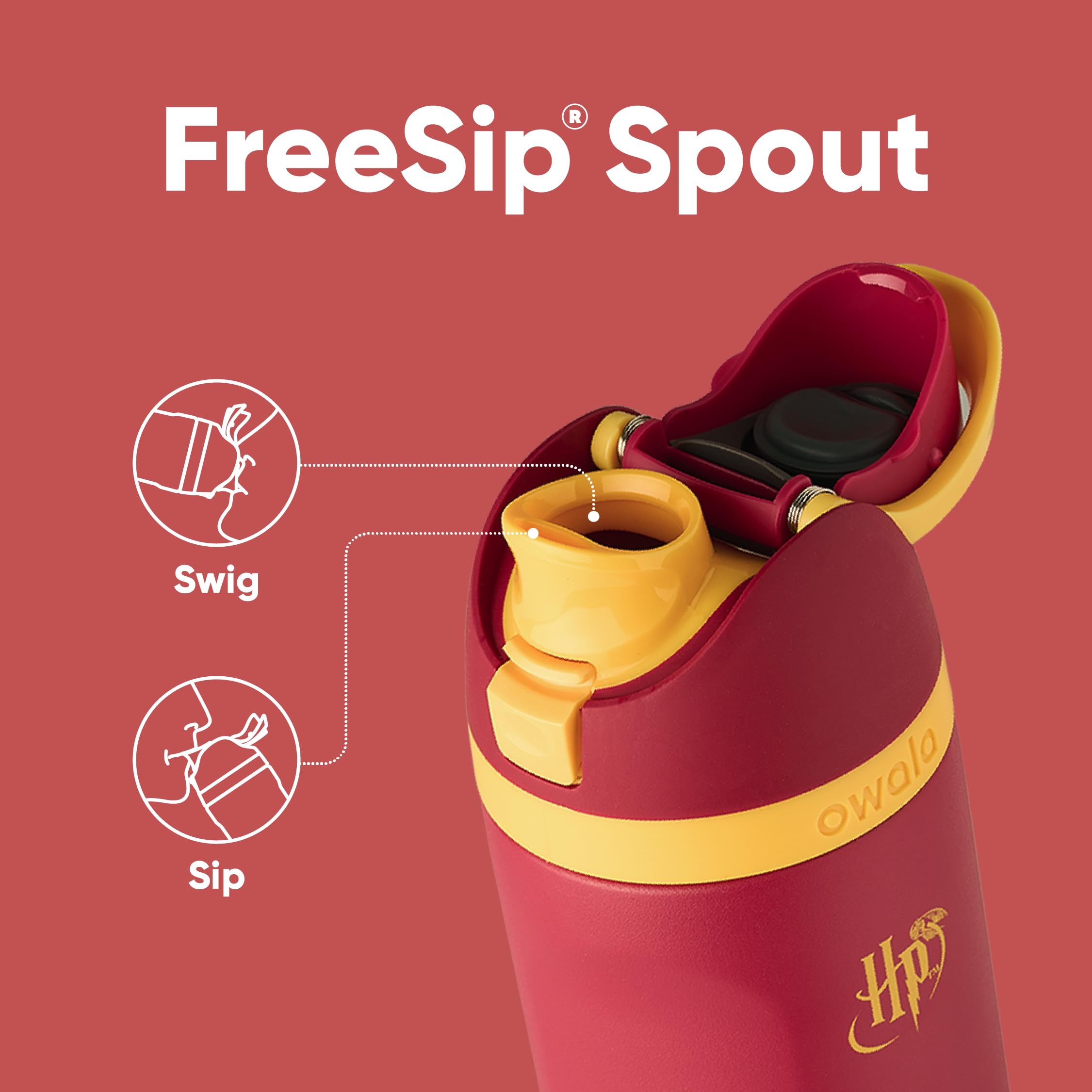 Owala Gryffindor lid close-up showing FreeSip push-button and lock for spill protection