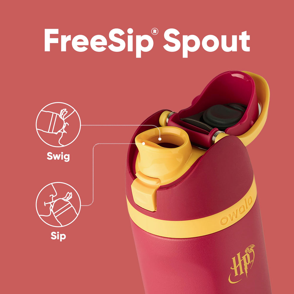 Owala Gryffindor lid close-up showing FreeSip push-button and lock for spill protection