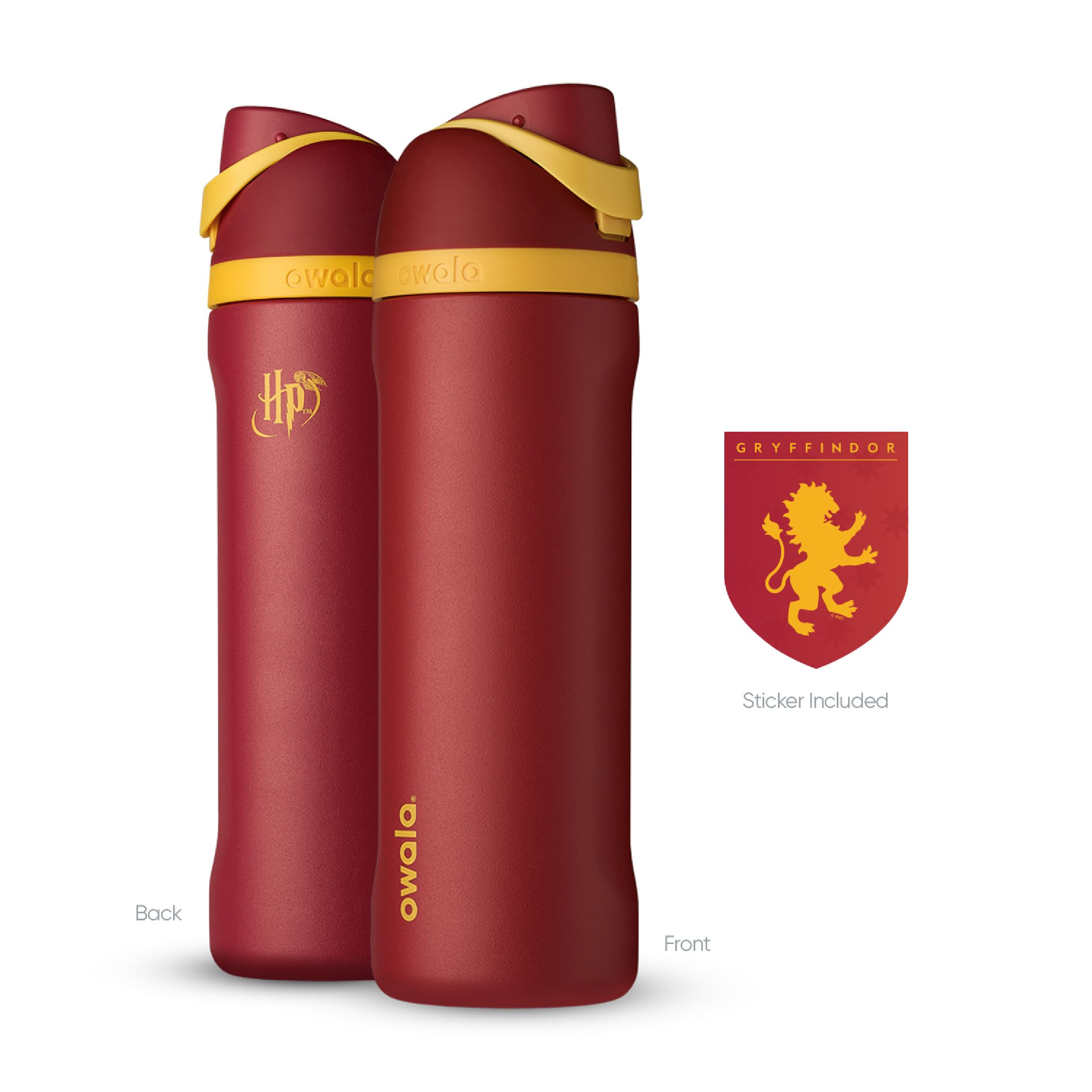 Owala Gryffindor bottle clipped to backpack in lifestyle scene, convenient transport