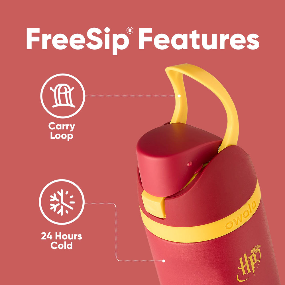 Owala Gryffindor wide mouth with ice cubes visible, easy to add ice and clean