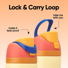 Owala locking push-button lid detail showing lock engaged for leak prevention