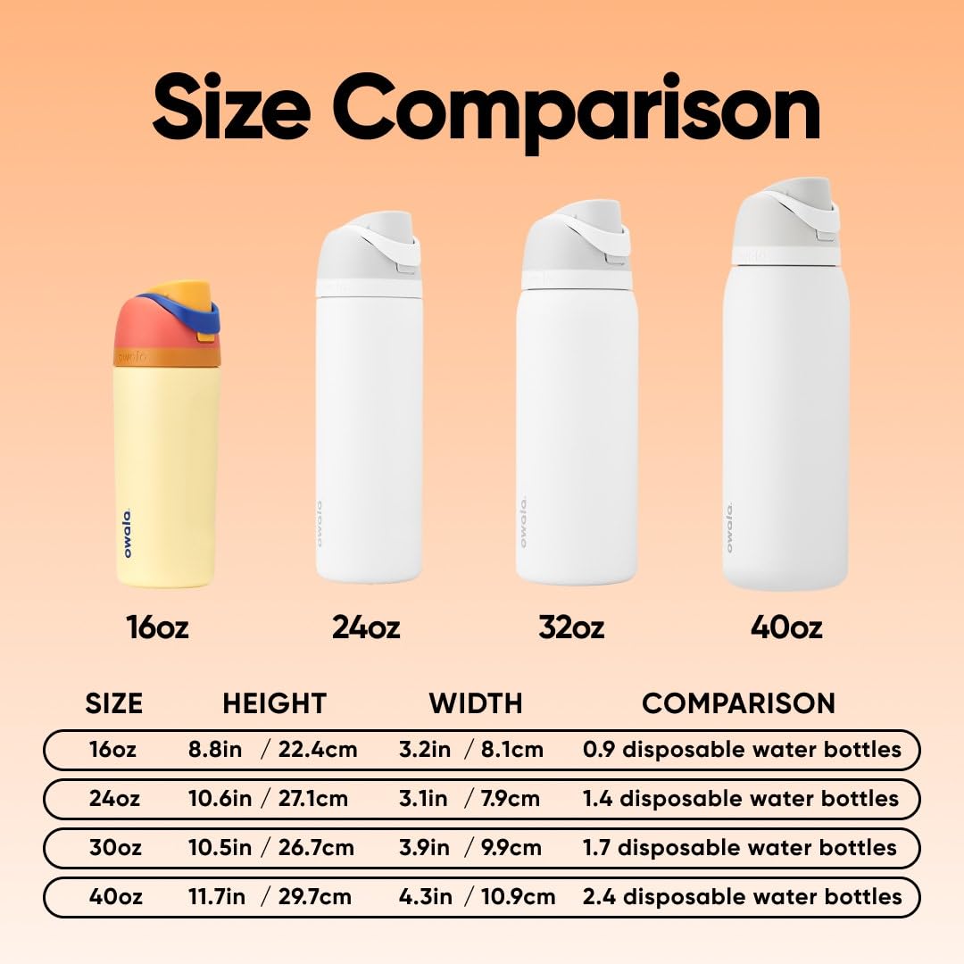 Owala 16 oz bottle next to backpack to show compact size and portability