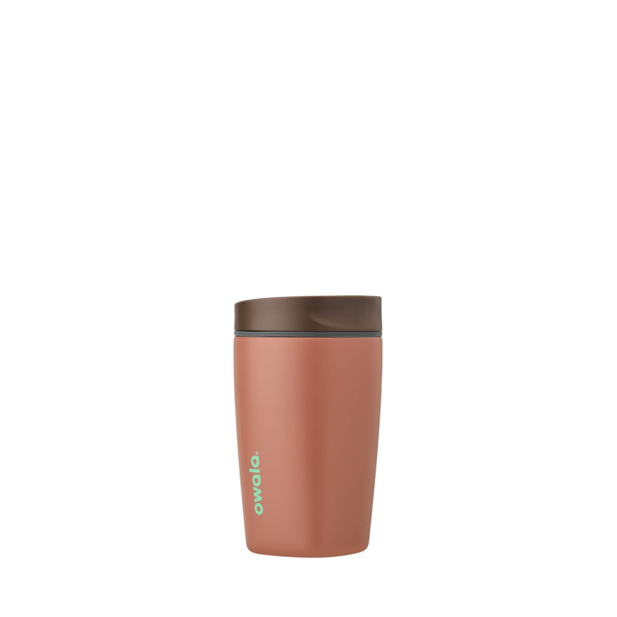 Owala vaso frontal Cozy Cocoa mostrando tapa a prueba de fugas y diseño ergonómico