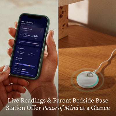 Owlet Base Station with indicators showing reliable alerts and bedside visibility