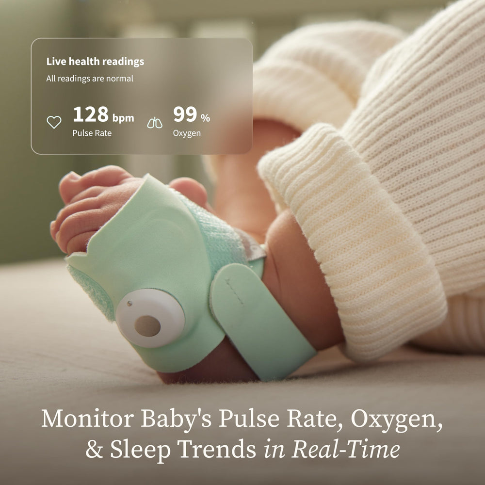 Owlet Dream Sock close-up on foot sensor showing soft fit for comfortable wear