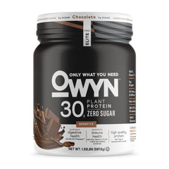 OWYN envase frontal sabor chocolate con 30 g de proteína por porción y sin azúcar