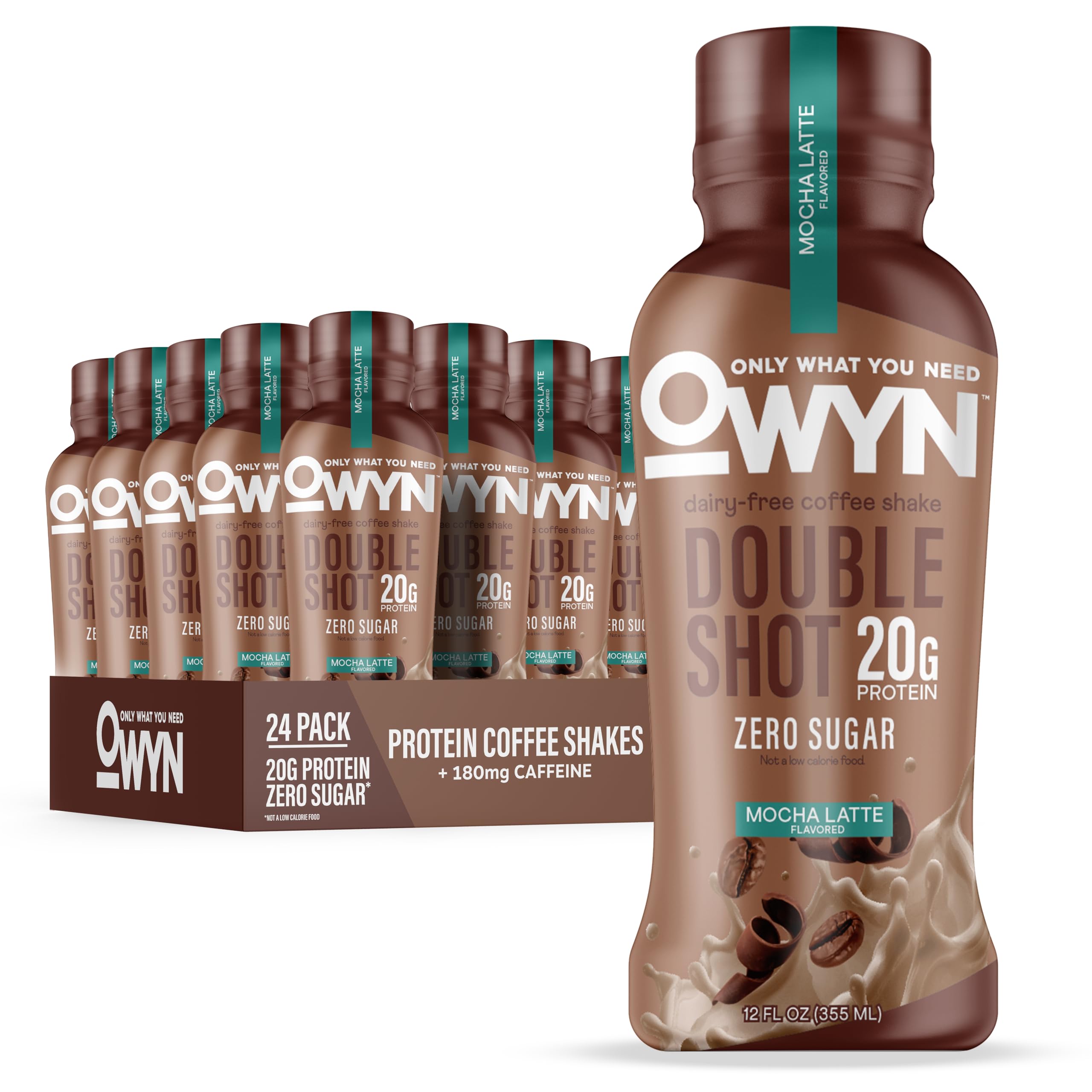 OWYN frasco frontal mostrando etiqueta mocha latte y proteína vegetal
