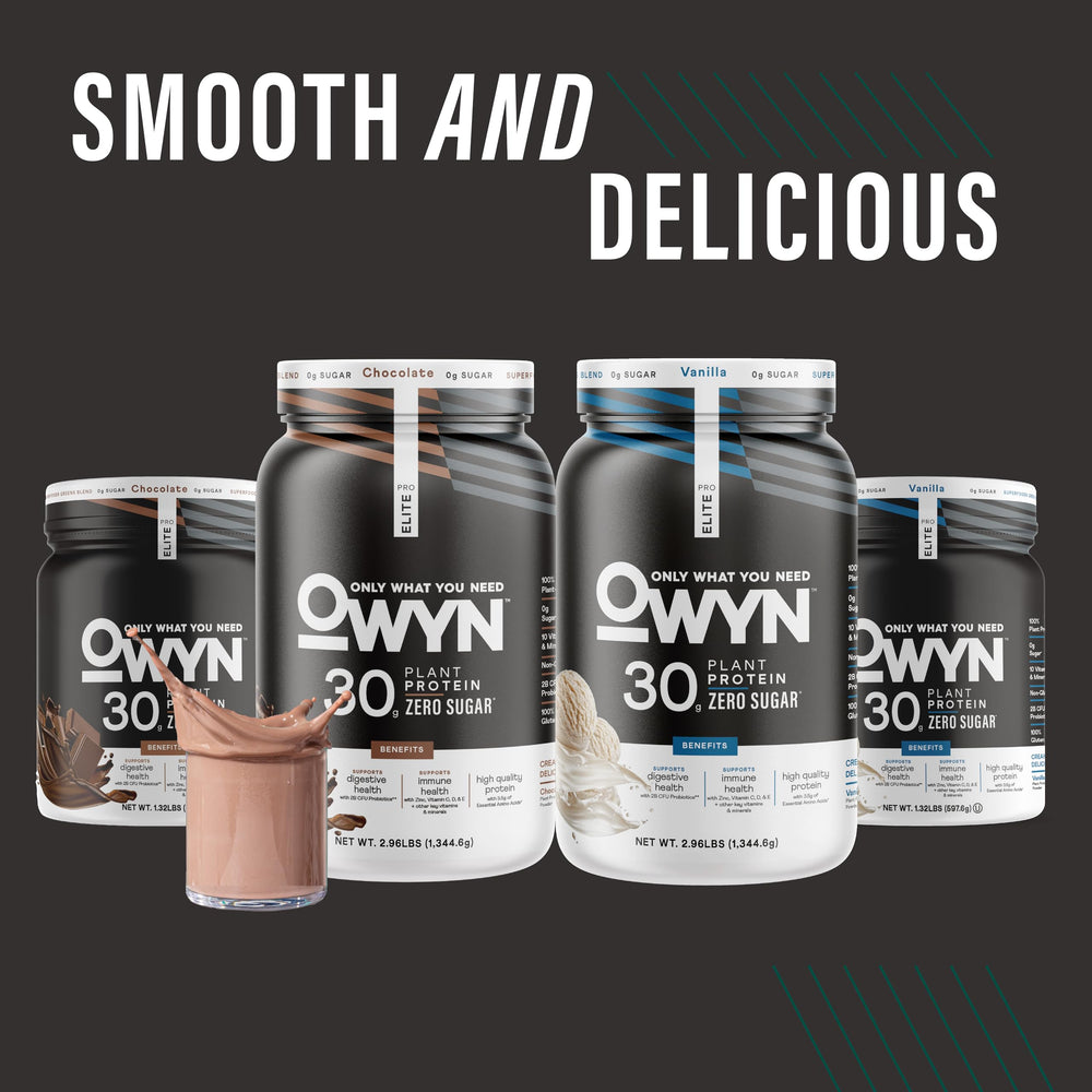 OWYN etiqueta nutricional destacando 30 g proteína y cero azúcar