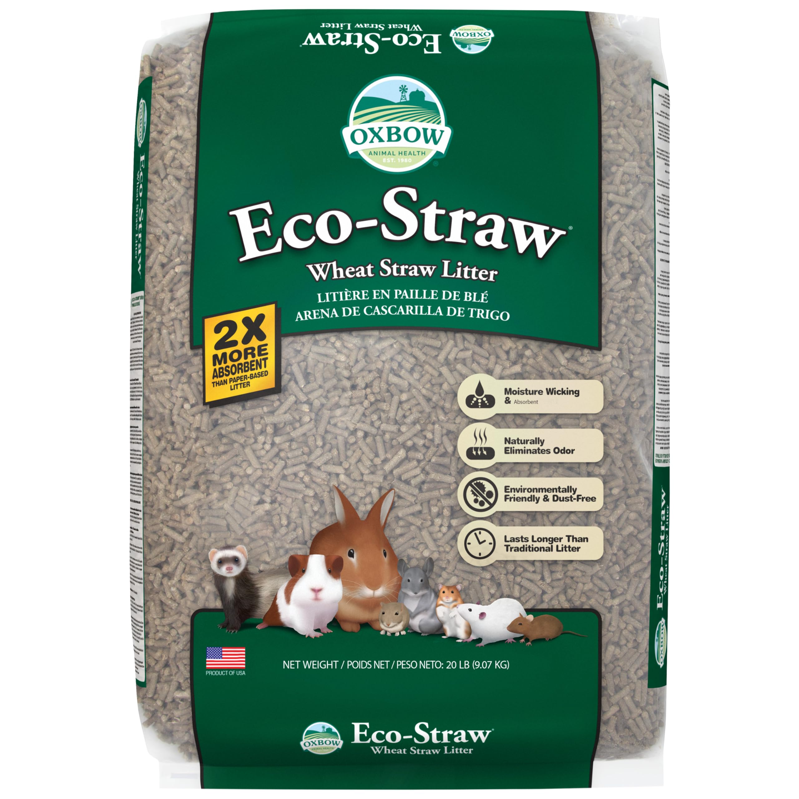 Oxbow Eco Straw front packaging showing 20 lb bag and branding benefits