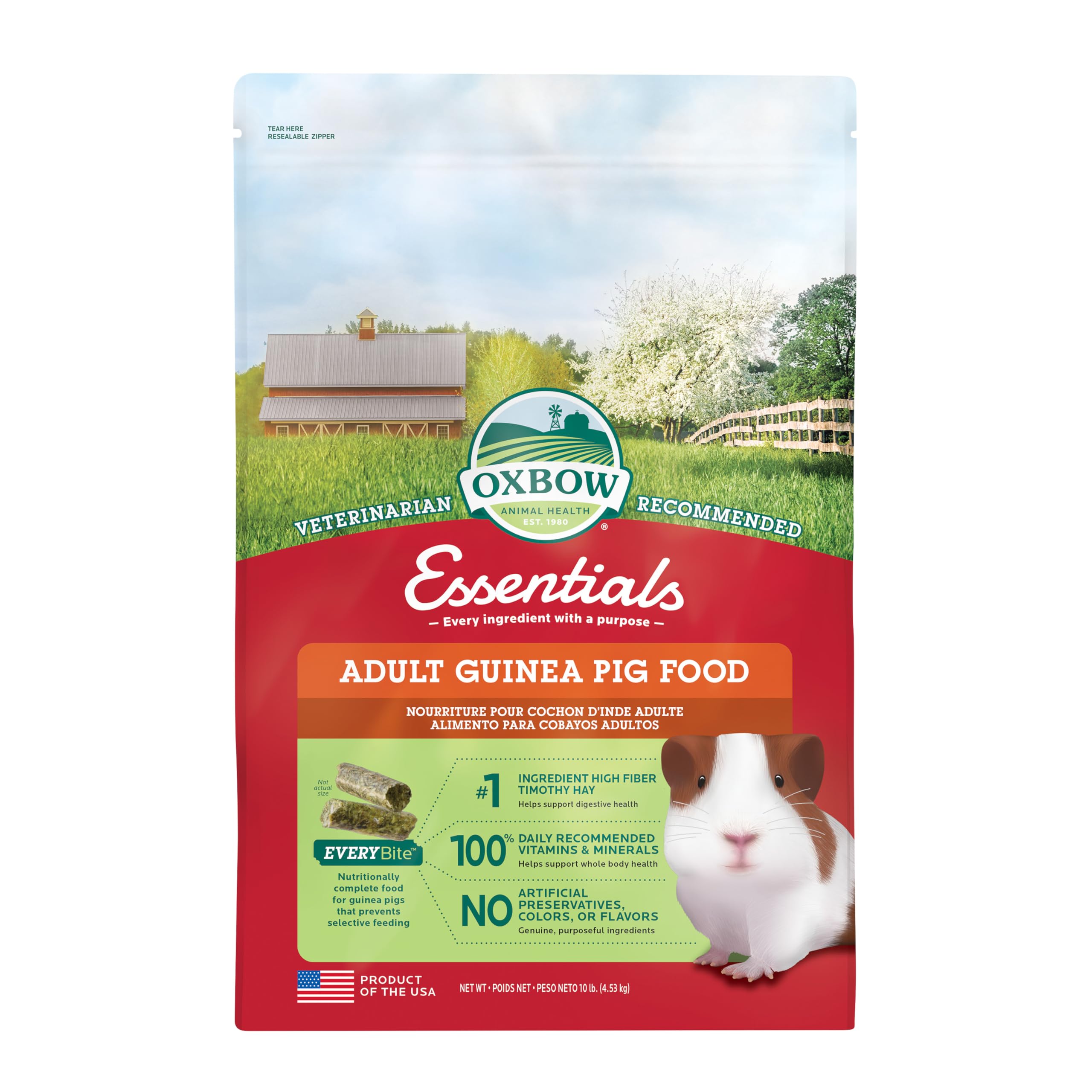 Oxbow paquete frontal 10 lb mostrando marca y beneficio nutricional