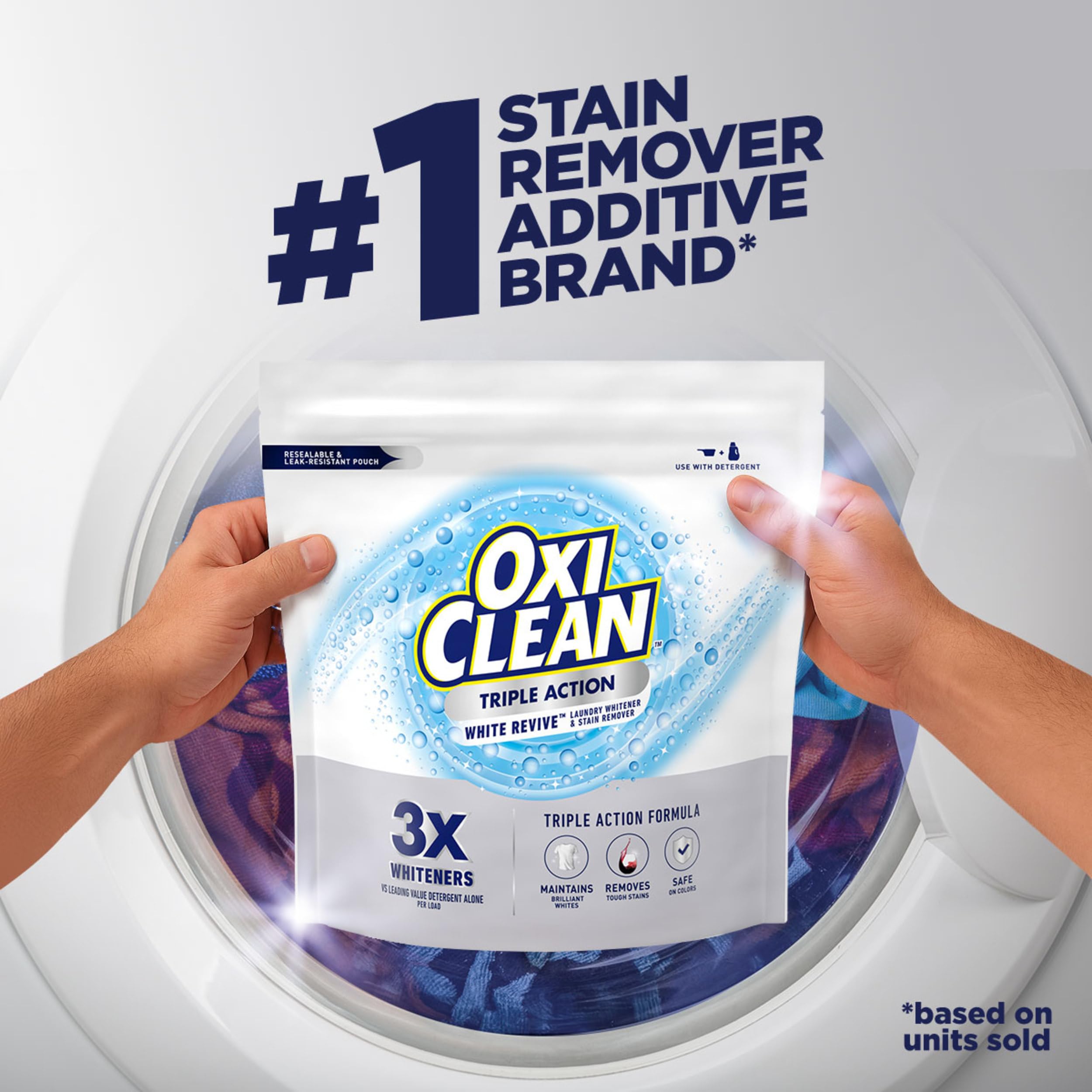 OxiClean producto en un ambiente de lavadero mostrando almacenamiento práctico