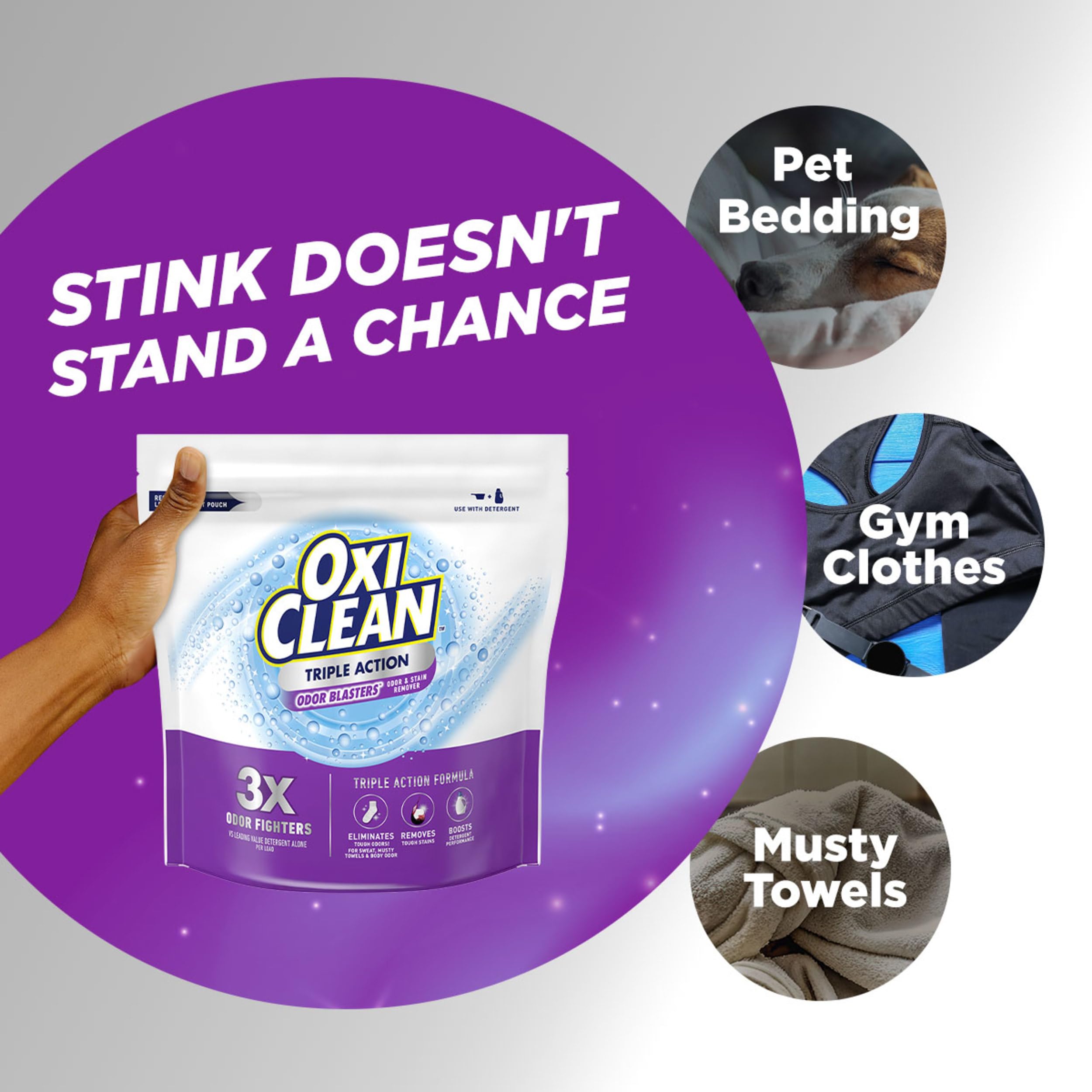 OxiClean vista de antes y después en prendas mostrando eliminación de manchas