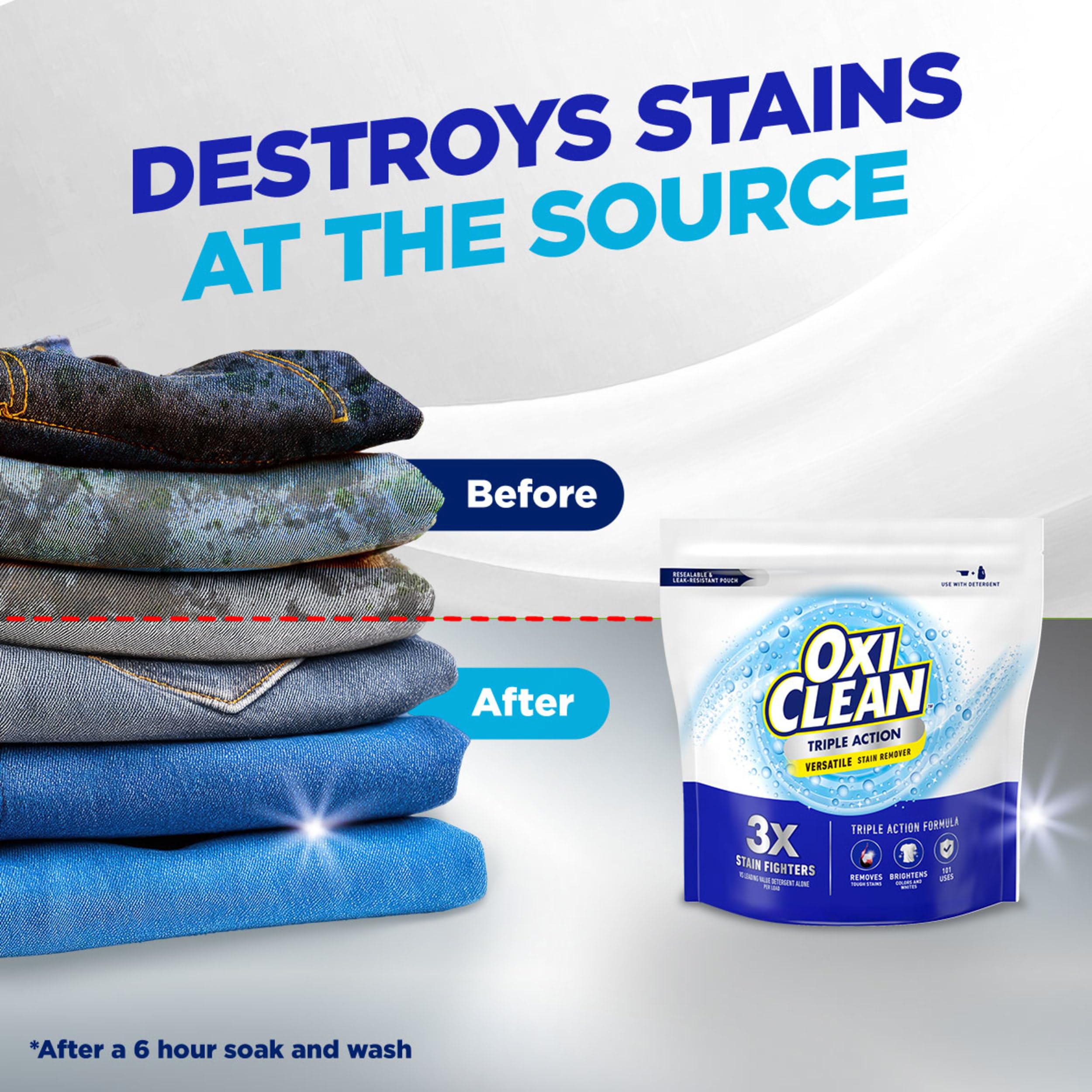 OxiClean comparación de antes y después en una prenda con mancha de vino