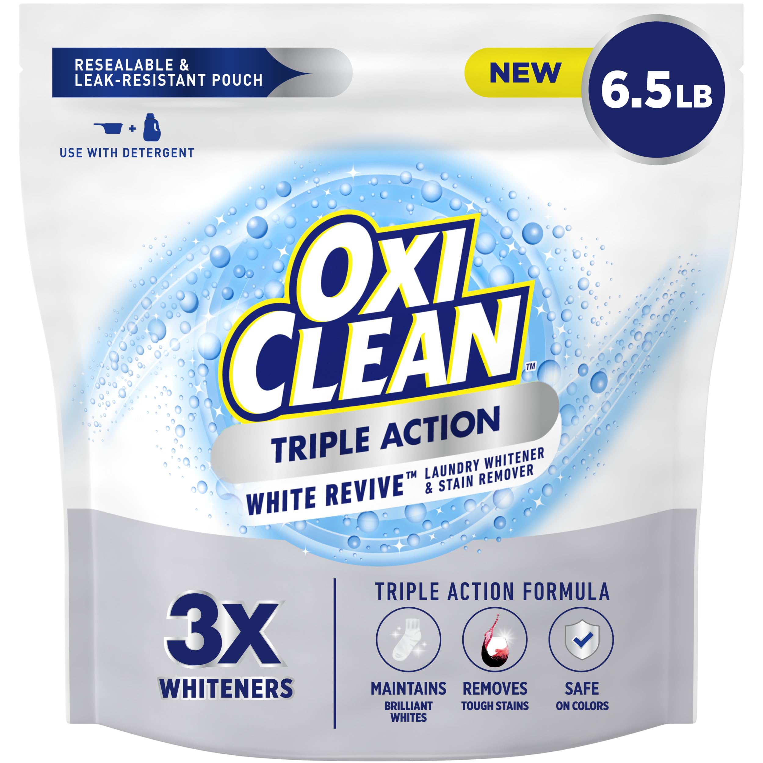 OxiClean empaque frontal mostrando 6.5 lb y beneficios para ropa
