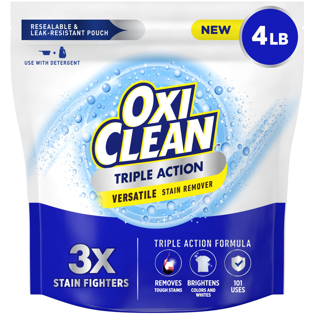 OxiClean frente del empaque 4 lb mostrando bolsa resellable y beneficio de multifunción