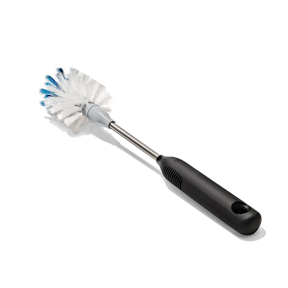 OXO cepillo frontal mostrando cuello largo y forma, facilita limpieza profunda