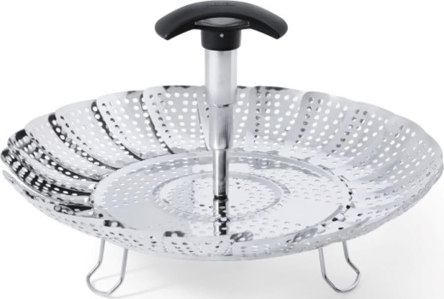 OXO cesta frontal de acero inoxidable, vista completa y beneficio de durabilidad